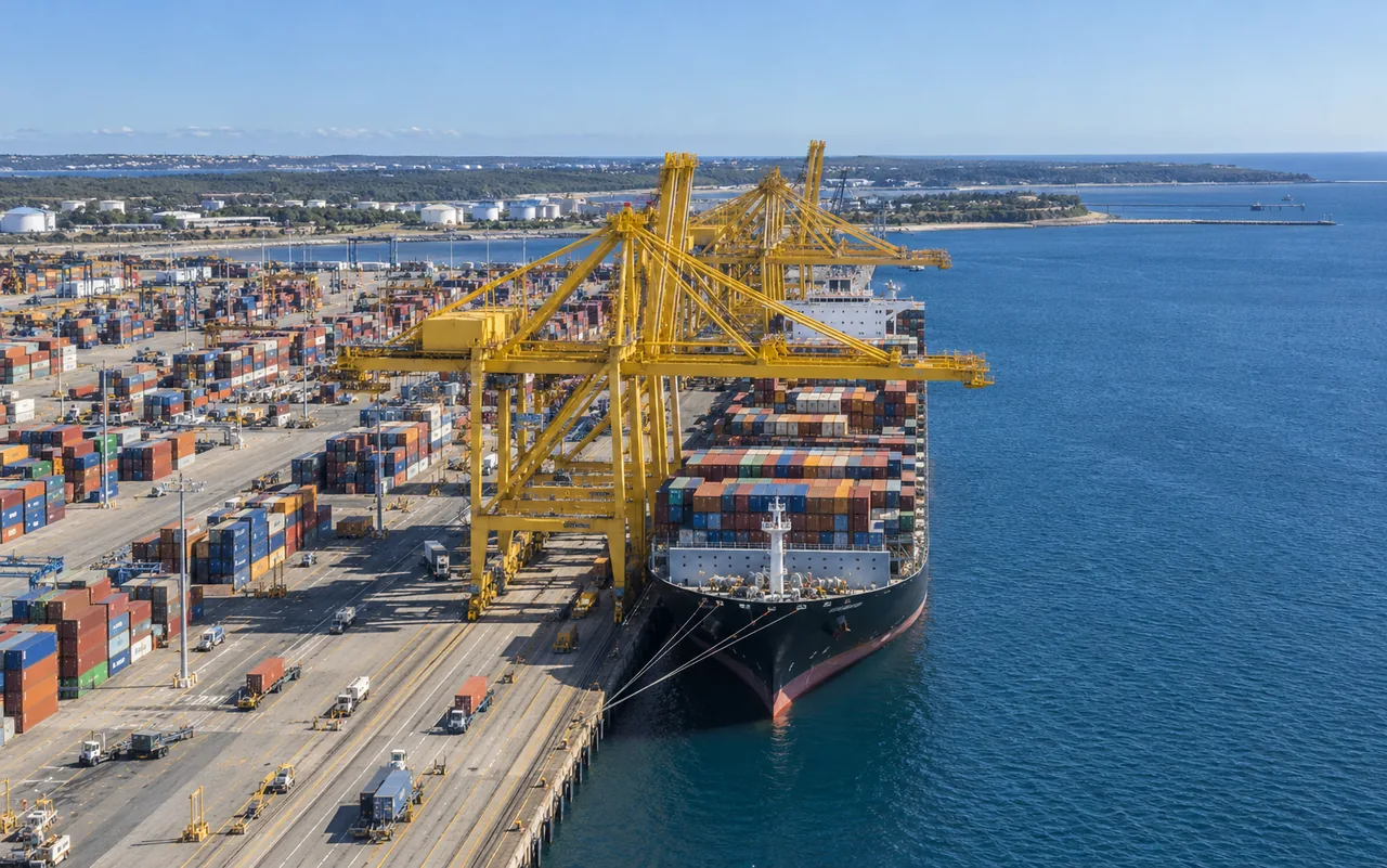 參考悉尼 Port Botany 碼頭嘅貨櫃、黃色岸橋同貨船場景